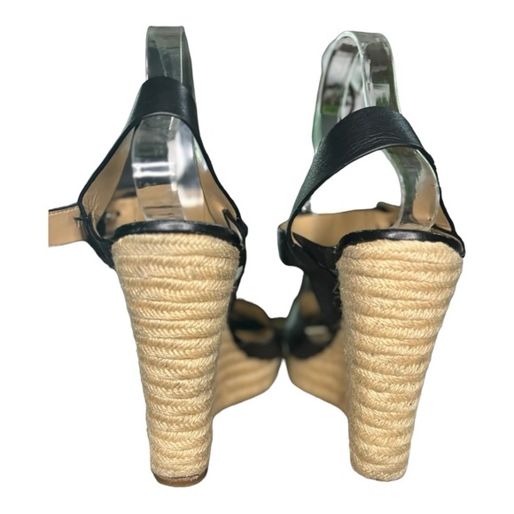 Michael Kors Black Leather Wedge Espadrille Sandals Size 10 Open Toe Ankle Strap - Picture 5 of 11